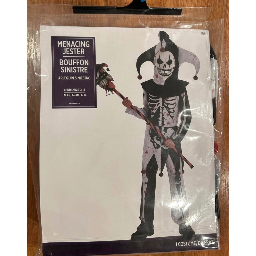 Menacing Jester Sinister Skeleton Clown Halloween Costume Kids Large (12-14) NEW